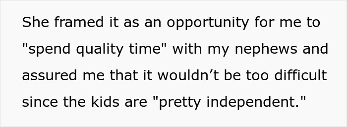 Text showing a quote about spending quality time babysitting nephews who are described as pretty independent, related to childfree sis babysitting 3 kids.