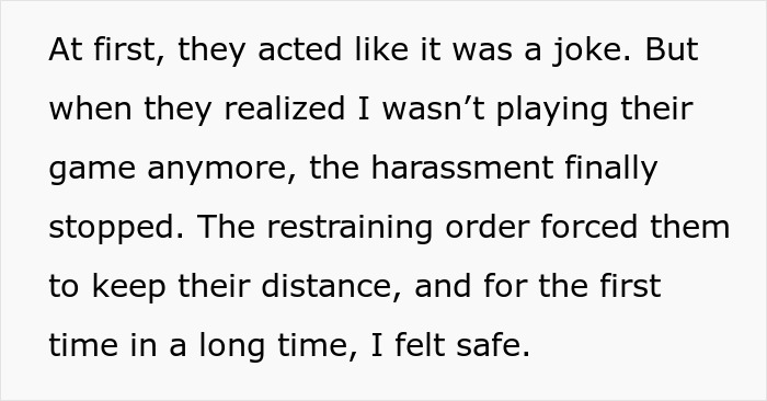 Text excerpt describing how a fake legal notice prank led to harassment ending after a restraining order was issued. Text excerpt describing how a fake legal notice prank led to harassment ending after a restraining order was issued.