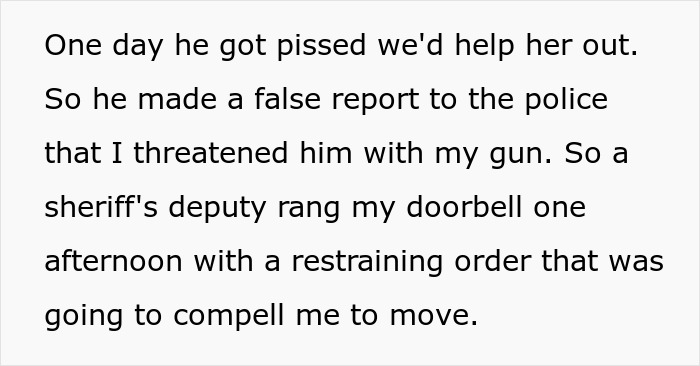 Text excerpt discussing a false report to police and a restraining order related to helping a domestic violence victim escape.