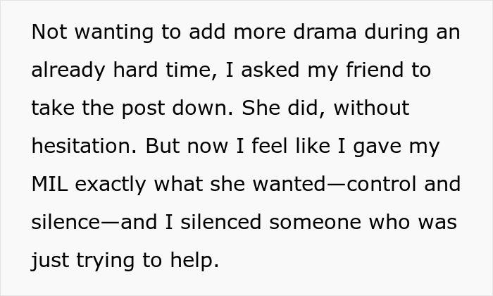 Text excerpt from a woman battling cancer struggling with MIL’s control over her help request during a difficult time. - 10