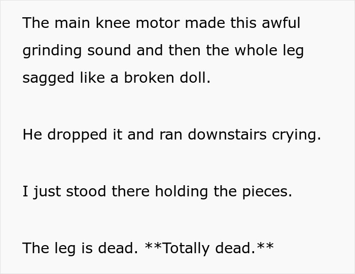 Text describing a broken prosthetic leg&rsquo;s motor making noise as girl survives cancer and accepts prosthetic leg.