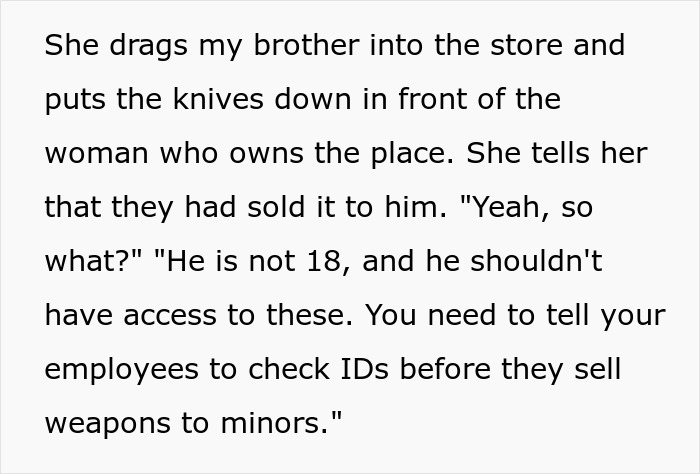 Mom confronts gaming store owner over selling swords to her underage son, demanding stricter ID checks for weapon sales. - 8