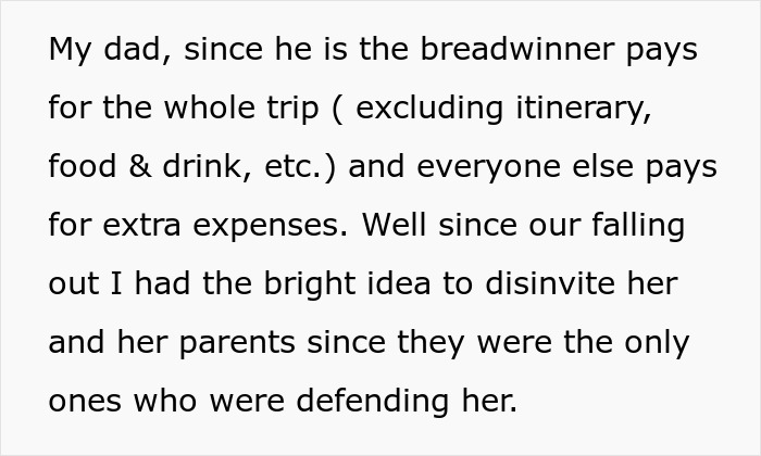 Text excerpt discussing family trip expenses and a gold-digger holiday friend drama involving disinviting guests. - 9