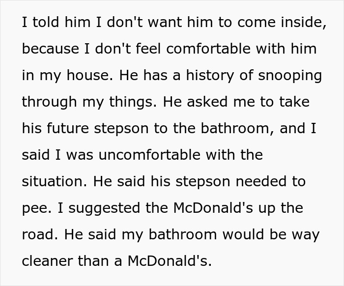 Text explaining a lady refusing to let ex&rsquo;s stepson use her bathroom, suspecting he wants to snoop.