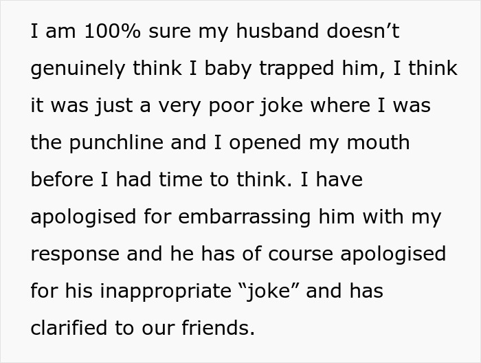 Alt text: Husband jokes about baby trapping him in front of friends, wife fires back with brutal reality check and apology.