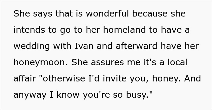 Text excerpt discussing a woman planning a wedding and honeymoon, relating to a woman thinking she got away with being a gold digger. - 42