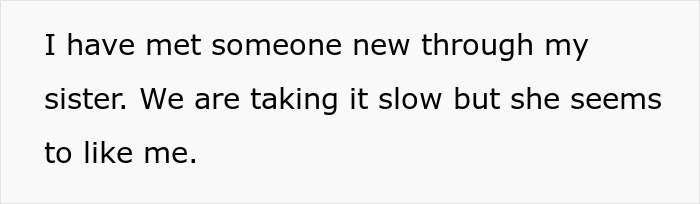 Text on a white background stating a person met someone new through their sister and they are taking it slow. - 4