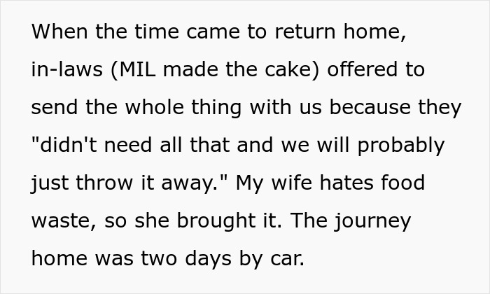 Text excerpt about wife bringing week-old birthday cake home after in-laws offered to discard it during a two-day car journey.