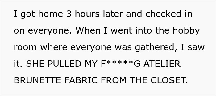 Alt text: Woman discovers beloved $25/yard fabric ruined by guest’s kids and faces mockery for wanting a replacement - 6