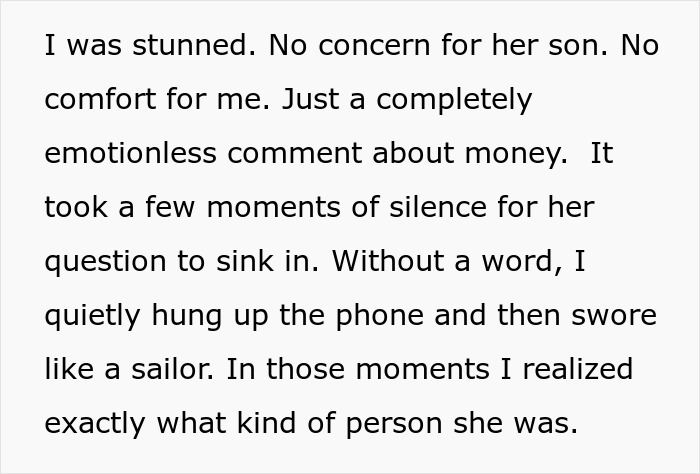 Text describing shock over heartless mother-in-law's focus on coffin costs after husband feared lost at sea. Text describing shock over heartless mother-in-law's focus on coffin costs after husband feared lost at sea.