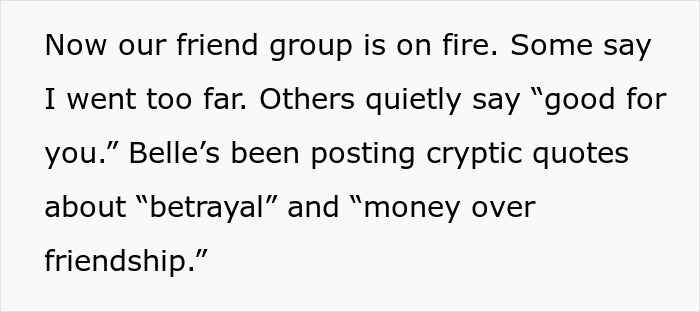 Text excerpt discussing a friend group conflict involving betrayal, money, and friendship issues after a wedding performance dispute. - 17