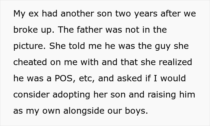 Text about woman who cheated on partner, asking him to care for her children with other men after breakup.