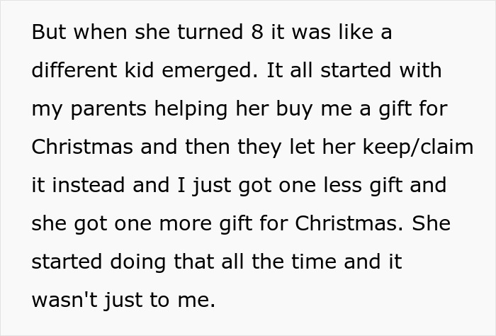 Text about a golden child stealing brother&rsquo;s gifts, causing conflict and ruining her birthday celebrations.
