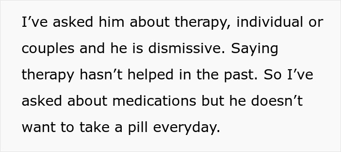 Text about dismissive husband refusing therapy or medication, highlighting issues in open marriage and divorce papers given. - 10