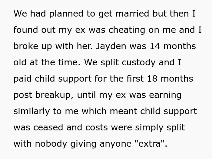 Text from a man explaining split custody and child support after his ex cheated while raising children with other men.