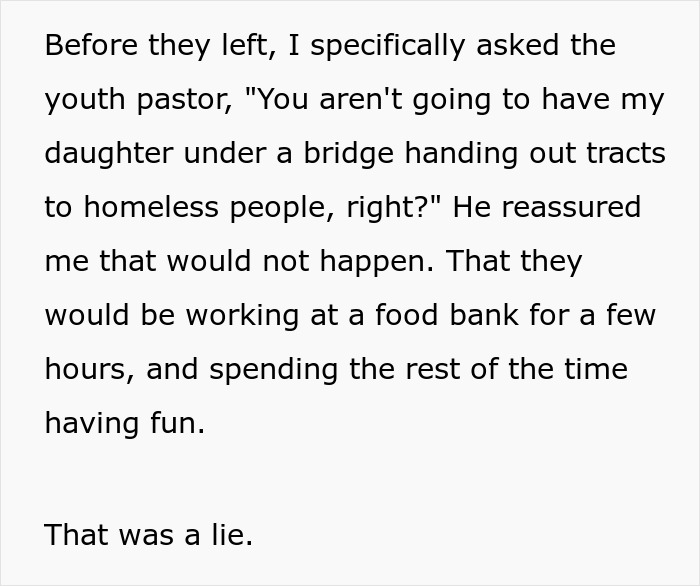 Text describing a concerned parent questioning youth pastor about daughter's church camp Houston activities, expecting safe volunteer work.