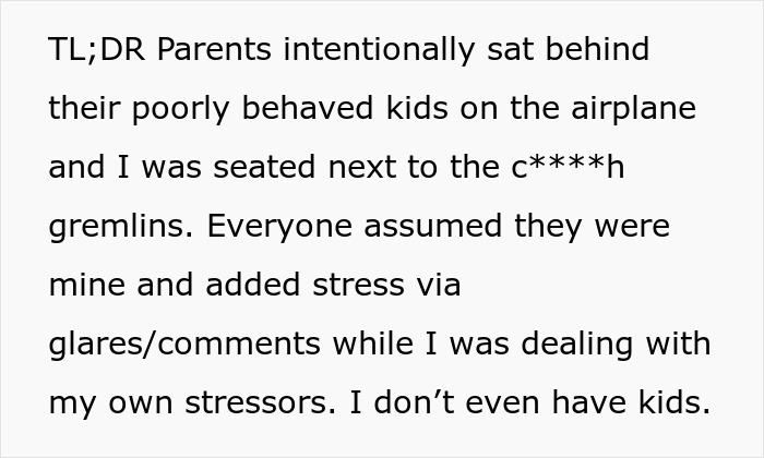 Text excerpt explaining woman blamed for rowdy kids on flight while parents behind her got drunk, describing stressful experience. - 13
