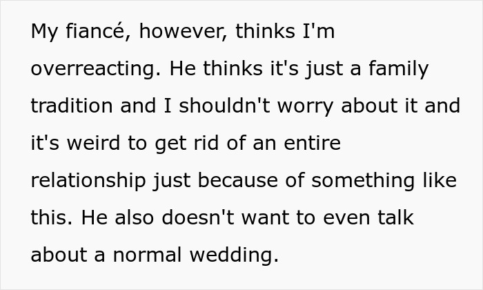 Excerpt discussing call off wedding due to weird family tradition causing relationship conflict and tension.