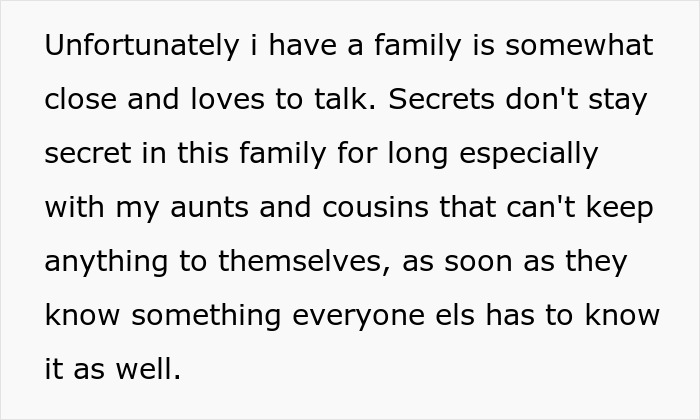 Text about a family with secrets shared openly among relatives despite a pregnant wife and sleeping habits.