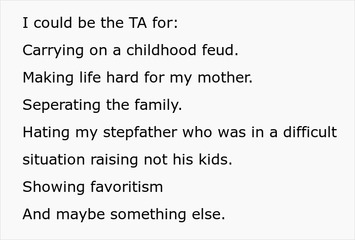 Text listing reasons for conflict with stepfather, including childhood feud, family separation, favoritism, and difficult stepfather situation. Text listing reasons for conflict with stepfather, including childhood feud, family separation, favoritism, and difficult stepfather situation.