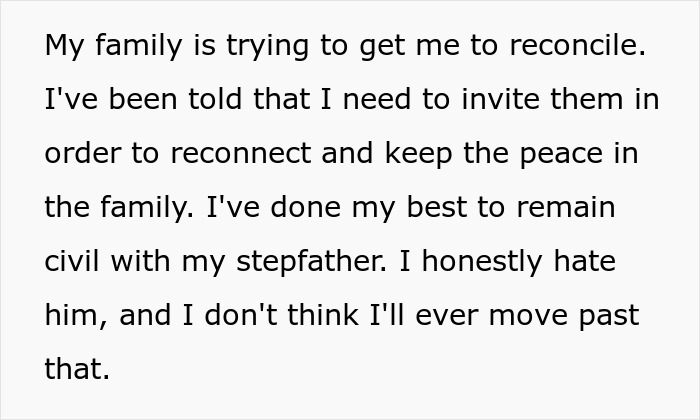 Text about family conflict where woman refuses to reconcile due to unhinged stepfather burning her father’s picture. Text about family conflict where woman refuses to reconcile due to unhinged stepfather burning her father’s picture.