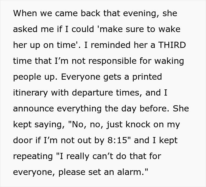 Text excerpt from a tourist blaming guide after oversleeping three days in a row, discussing wake-up responsibilities. - 8