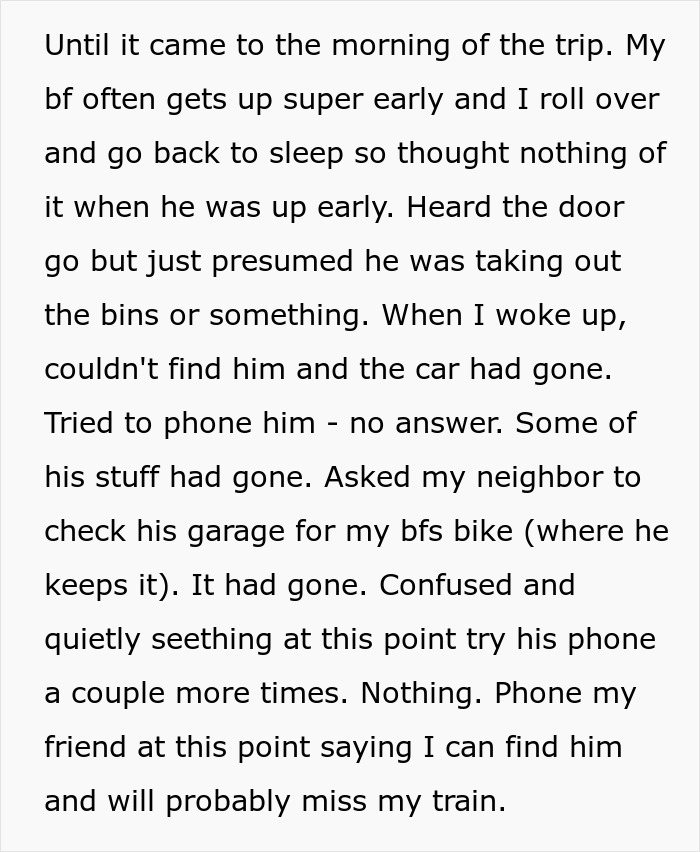 Text describing a man cancelling his girlfriend’s plans to go on a cycle trip instead of watching his daughter. Text describing a man cancelling his girlfriend’s plans to go on a cycle trip instead of watching his daughter.