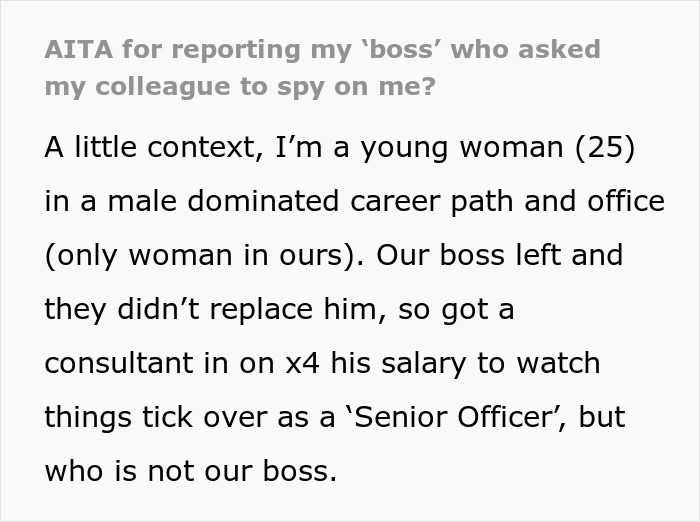 Text excerpt about a boss caught spying on a 25-year-old coworker, highlighting workplace issues with technology.