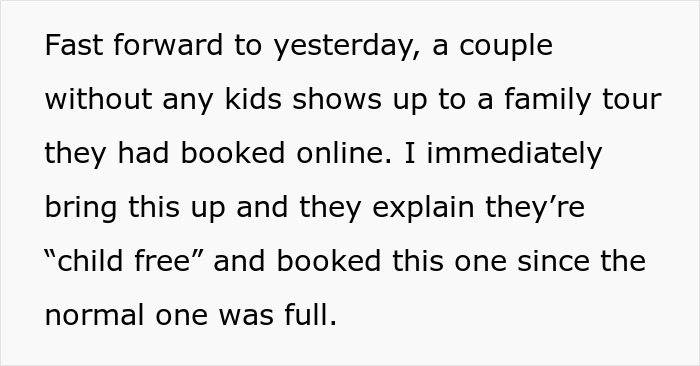 Text excerpt describing a childfree couple turned away from a family tour, sparking tour company bad reviews. - 10