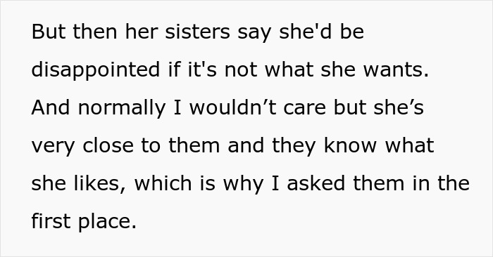 Text excerpt discussing sisters' opinions on a girlfriend's small propose ring and their close relationship with her. Text excerpt discussing sisters' opinions on a girlfriend's small propose ring and their close relationship with her.
