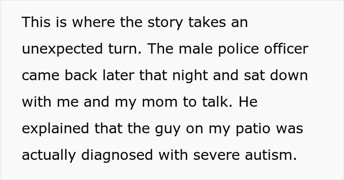 Text excerpt describing a man on a patio diagnosed with severe autism, shared in a serious conversation.