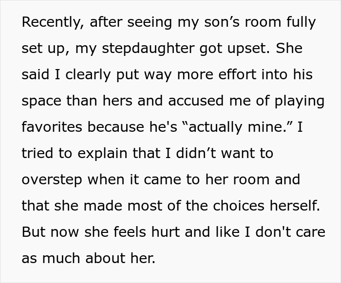 Alt text: Mom puts more effort into her son's room than her step-daughter’s, causing feelings of favoritism and hurt. - 10