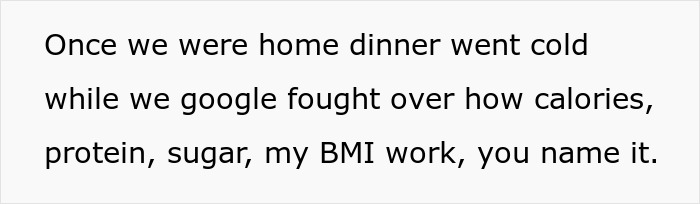 Text image showing a message about a dinner turning cold due to a fight over calories, protein, sugar, and BMI.
