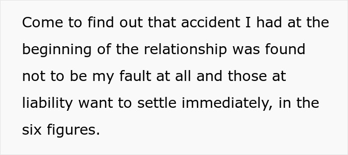 Text excerpt discussing accident liability and immediate settlement offer of six figures related to prenup and insurance topics.