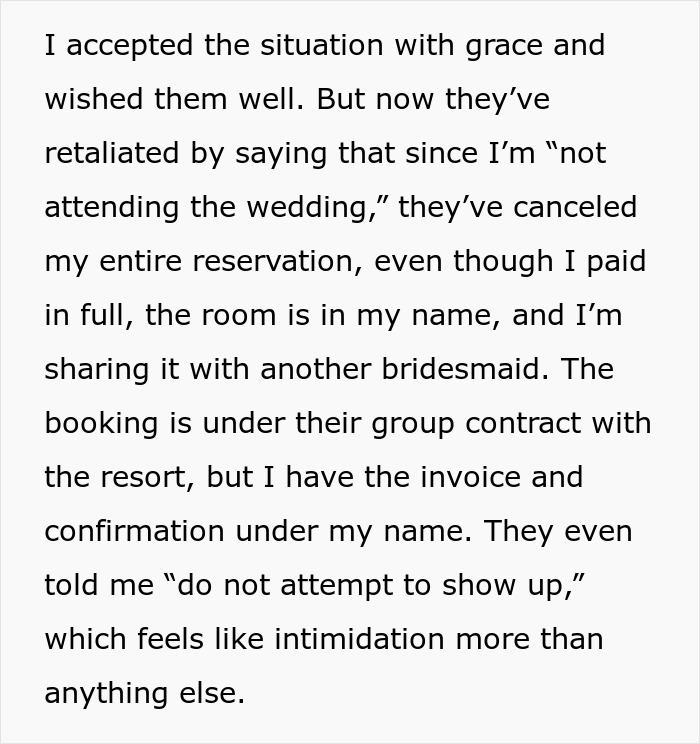 Guest shares frustration after bride tries to cancel resort room reservation out of spite before wedding event. - 6