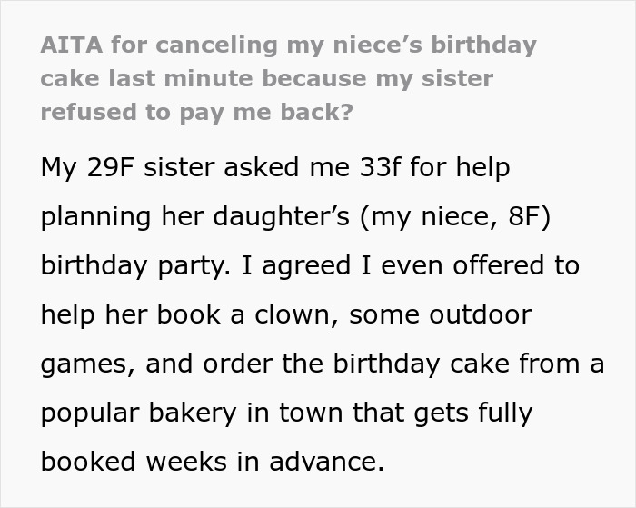 Sister and aunt dispute over who should pay for birthday cake, party drama after cake order canceled last minute - 2