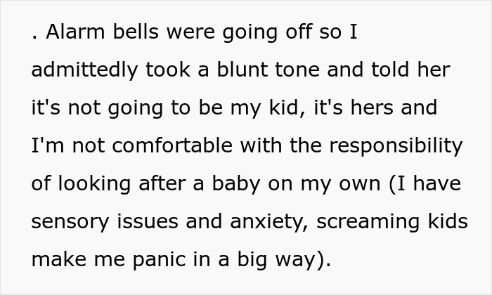 Text excerpt describing anxiety and responsibility concerns about babysitting for a woman choosing to be a single mom. - 12