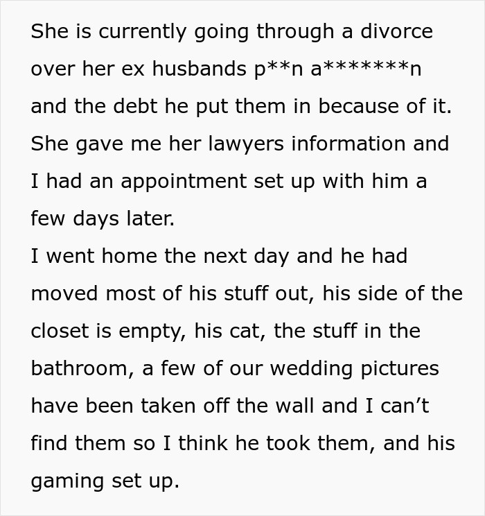 Text describing a wife's account of divorce and the husband demanding a child after opening up the marriage. - 65