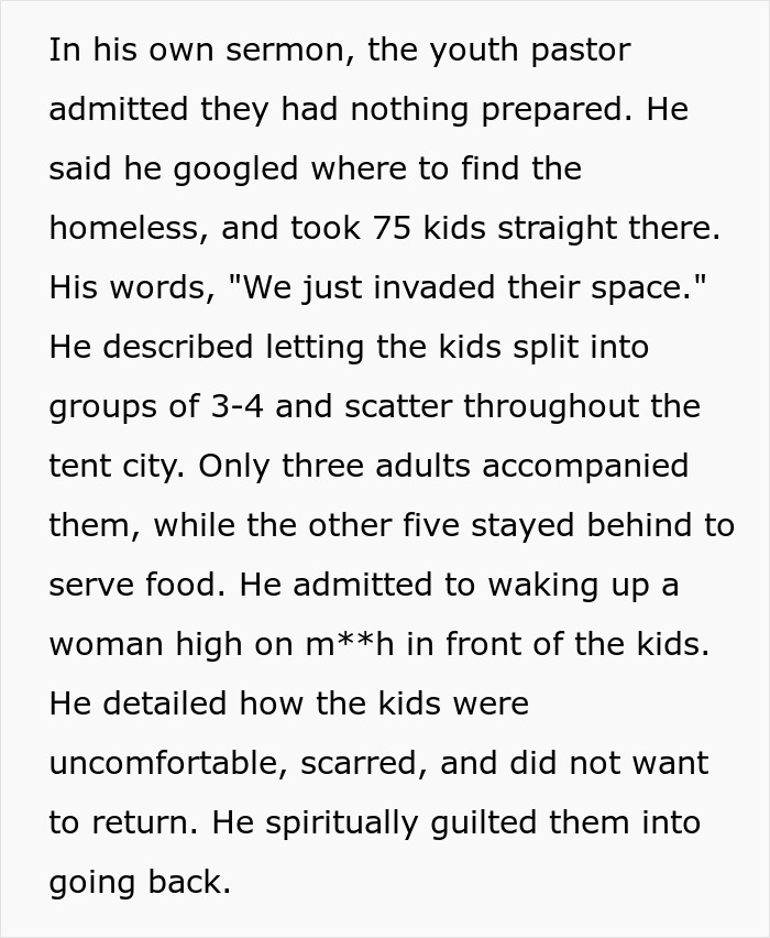 Youth pastor leading daughter church camp Houston kids in outreach, splitting groups to serve homeless and share spiritual experiences.