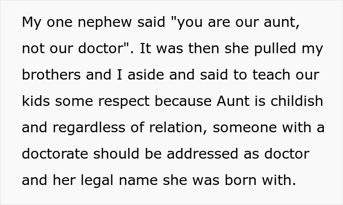 Text about an aunt with a PhD insisting her family address her as doctor to teach respect. - 5