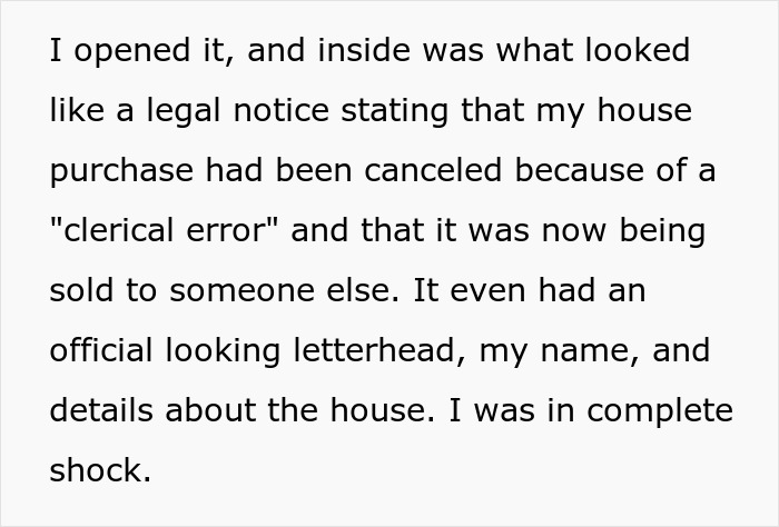 Text describing a fake legal notice prank about a house purchase cancellation causing shock and confusion. Text describing a fake legal notice prank about a house purchase cancellation causing shock and confusion.