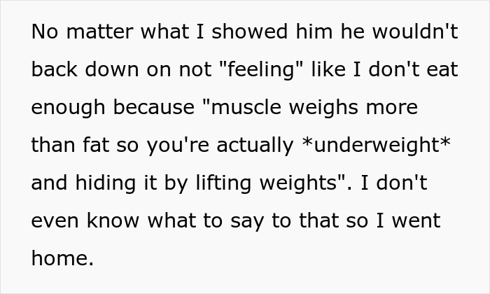 Text message showing a woman explaining her boyfriend nags her to eat more, claiming she is underweight and starving.