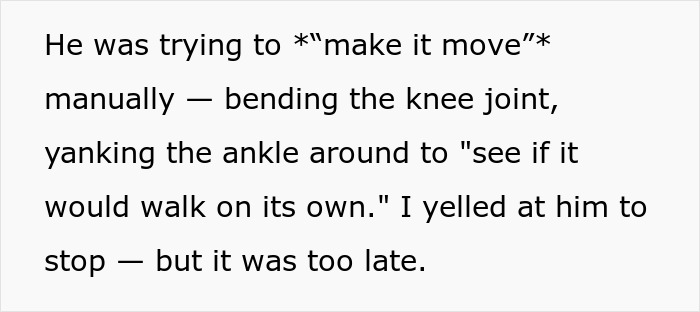 Text excerpt describing a boy trying to move a prosthetic leg manually by bending the knee and ankle joints.