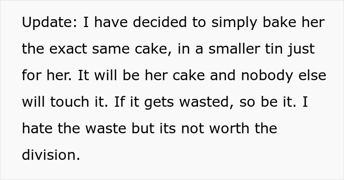 Text update explaining decision to bake wife&rsquo;s birthday cake separately after hubby ate her week-old treat.