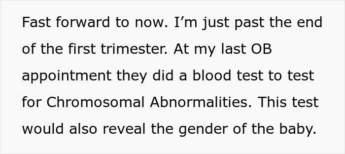 Text excerpt discussing a husband upset over wife potentially spoiling the gender of their baby after a blood test.