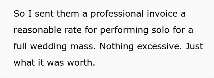 Text excerpt about sending a professional invoice for performing solo at a wedding, related to unpaid performance dispute. - 10