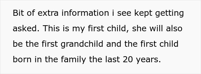 Text on a white background sharing extra information about a first child who is the first grandchild and first born in 20 years.