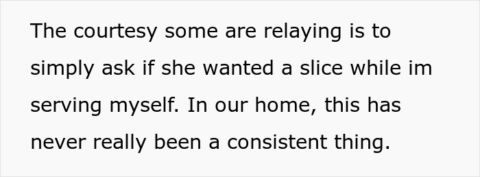 Text discussing courtesy and serving cake, highlighting inconsistency in sharing wife&rsquo;s birthday cake after a week.