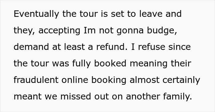 Screenshot of text discussing a tour company refusing a refund due to fully booked status after rejecting a childfree couple. - 16