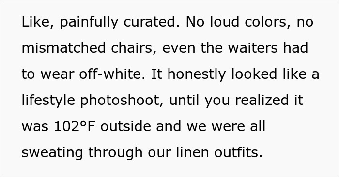Guests sweating in 102°F heat at a wedding where the bride banned water bottles for the aesthetic, causing discomfort outdoors. Guests sweating in 102°F heat at a wedding where the bride banned water bottles for the aesthetic, causing discomfort outdoors.